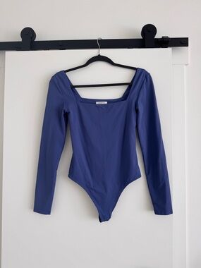 Babaton Blue Long-Sleeve Square-Neck One-Piece Bodysuit